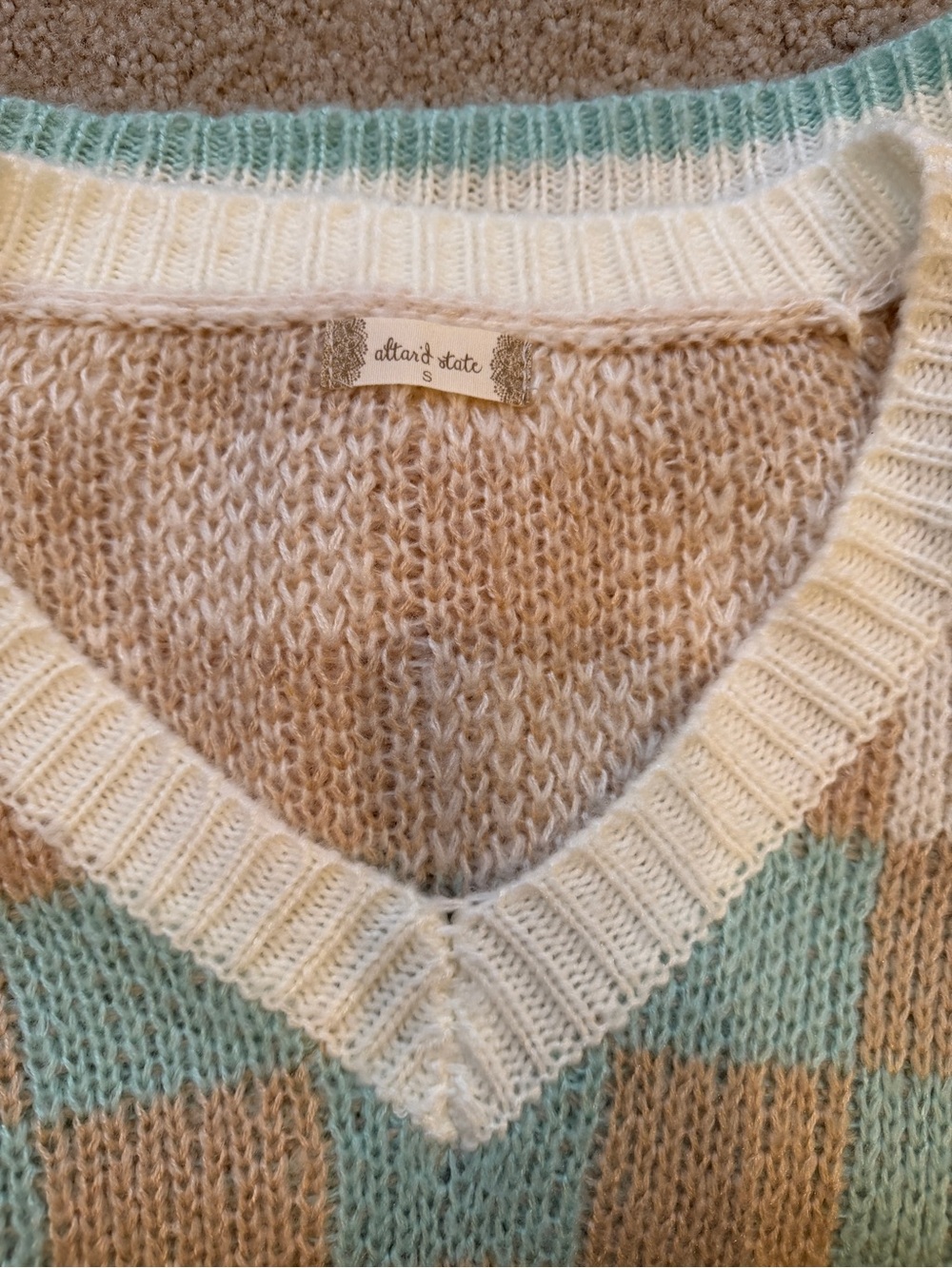 Altrd State V-Neck Checkered Knit Sweater in Cream, Tan & Aqua - Picture 3 of 3